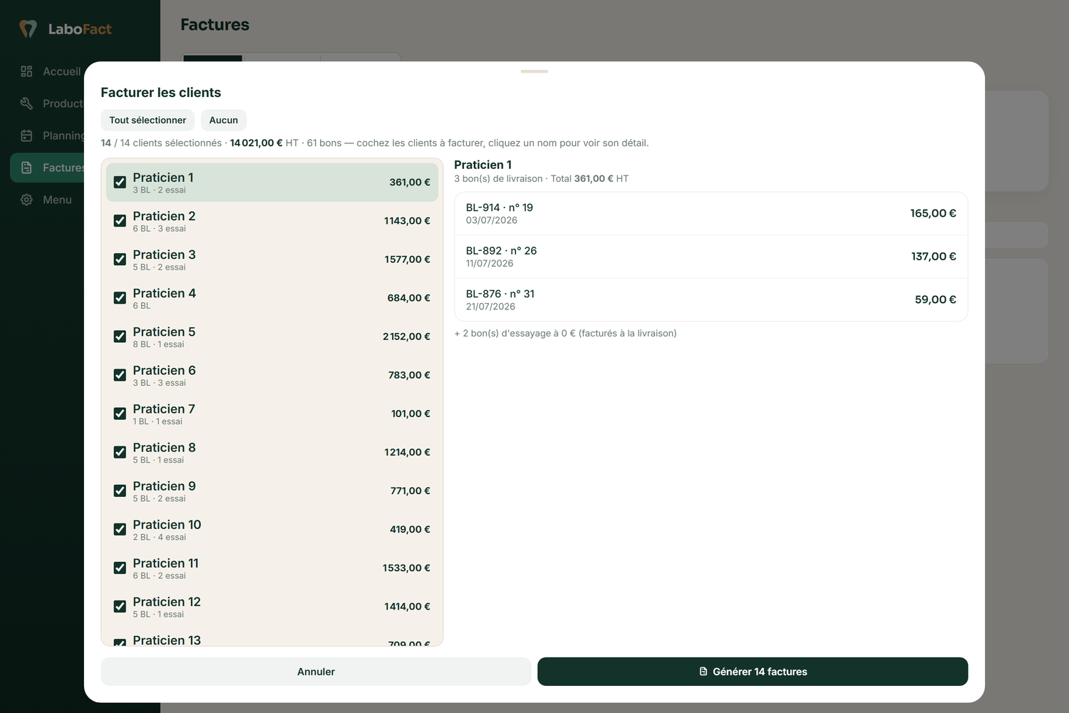 LaboFact — Facturation mensuelle en un clic